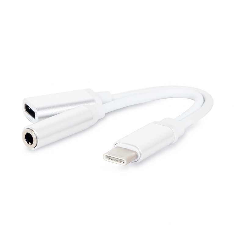 GEMBIRD USB type-C plug to stereo 3.5 mm audio adapter cable, with extra power socket, white