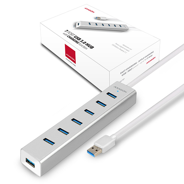 AXAGON HUE-SA7SP 7x USB3.0 ALU CHARGING hub SILVER v�. AC adapteru