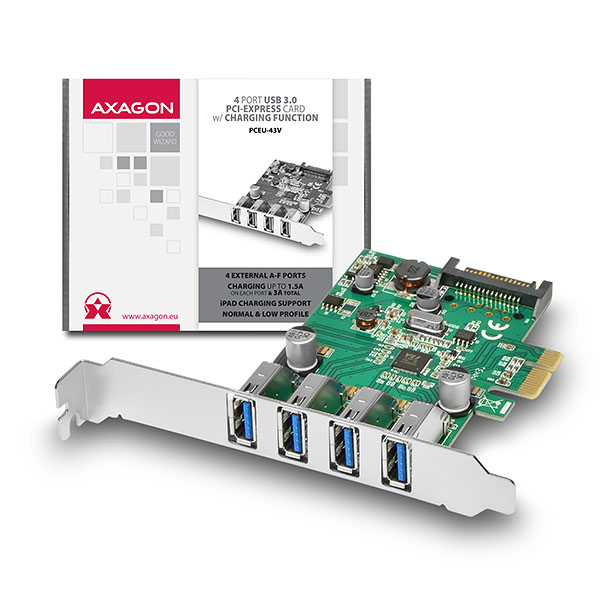 AXAGON PCEU-43V, PCIe adapter 4x USB3.0, UASP, nab�jen� 3A, VIA + LP