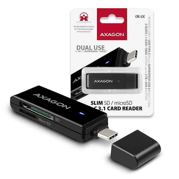 AXAGON CRE-S2C, USB 3.1 Type-C - extern� SLIM ��ta�ka 2-slot SD/microSD, podpora UHS-I