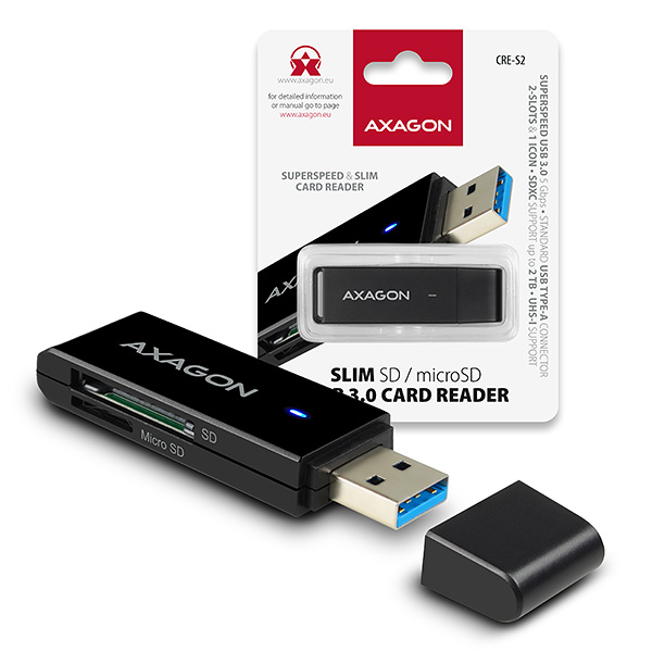 AXAGON CRE-S2, USB 3.0 Type-A - extern� SLIM ��ta�ka 2-slot SD/microSD, podpora UHS-I