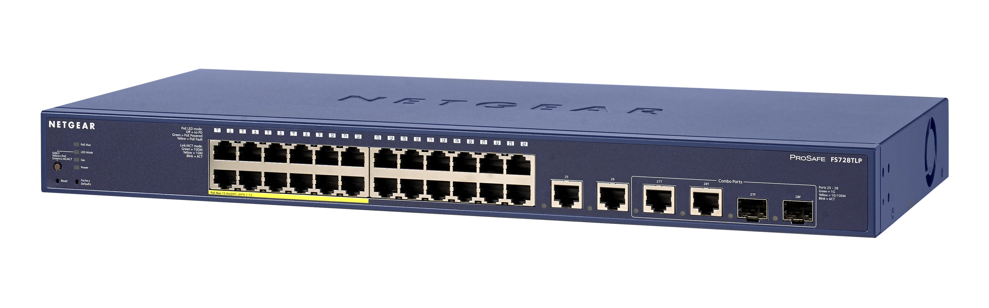 NETGEAR ProSAFE� 24-port Fast Ethernet Smart Switches with PoE and 4 Gigabit uplinks, FS728TLP