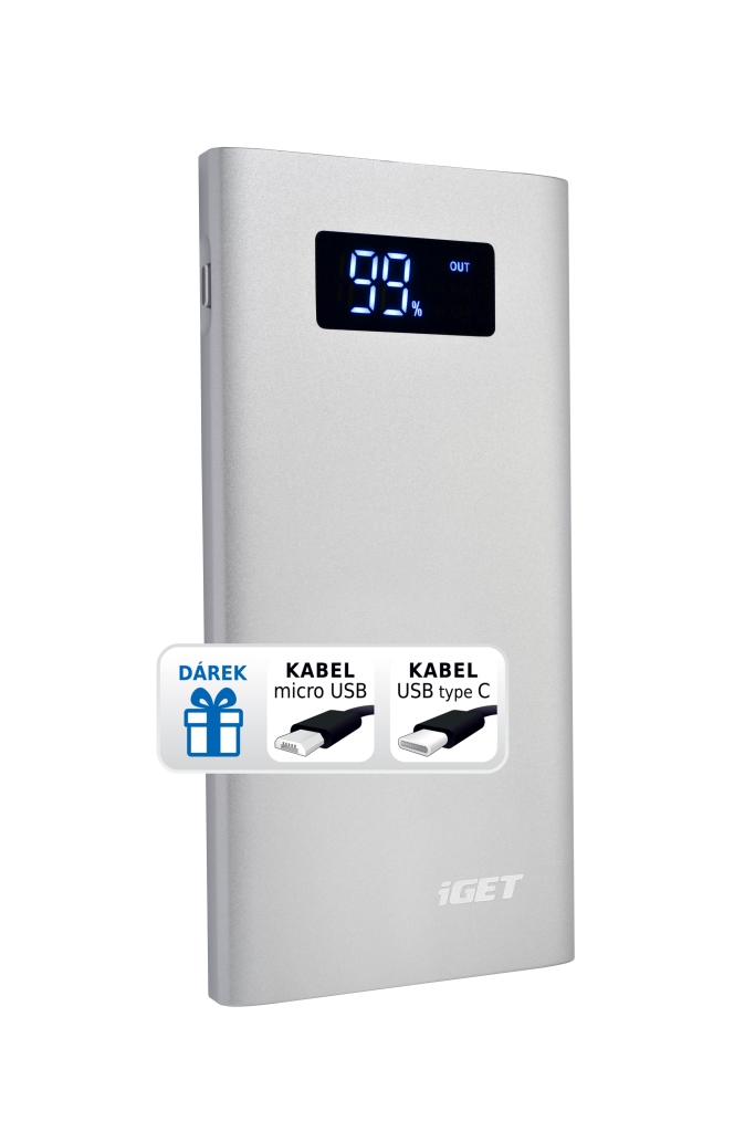 iGET POWER B-7000S (7 000 mAh) kovov� Li-Pol powerbank st��brn�, LCD, kabel microUSB + USB-C