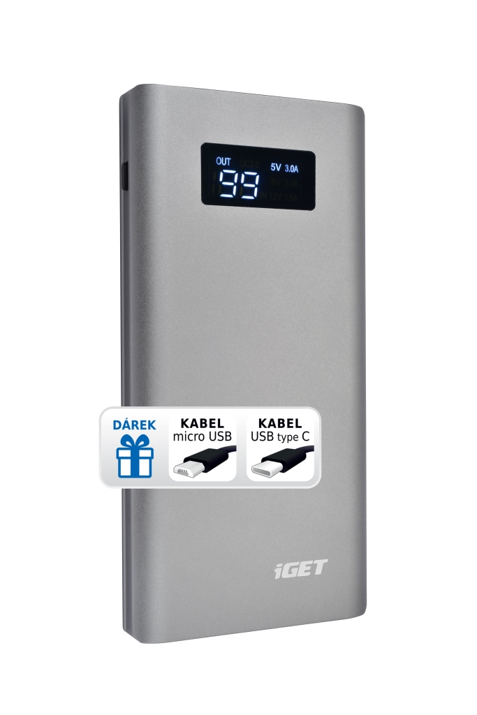 iGET POWER B-10000FC (10 000 mAh) kov, Li-Pol powerbank, QuickCharge Q3.0, LCD, microUSB + USB-C