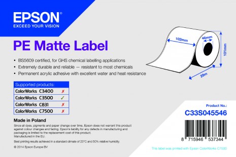 PE Matte Label - Continuous Roll: 102mm x 29m