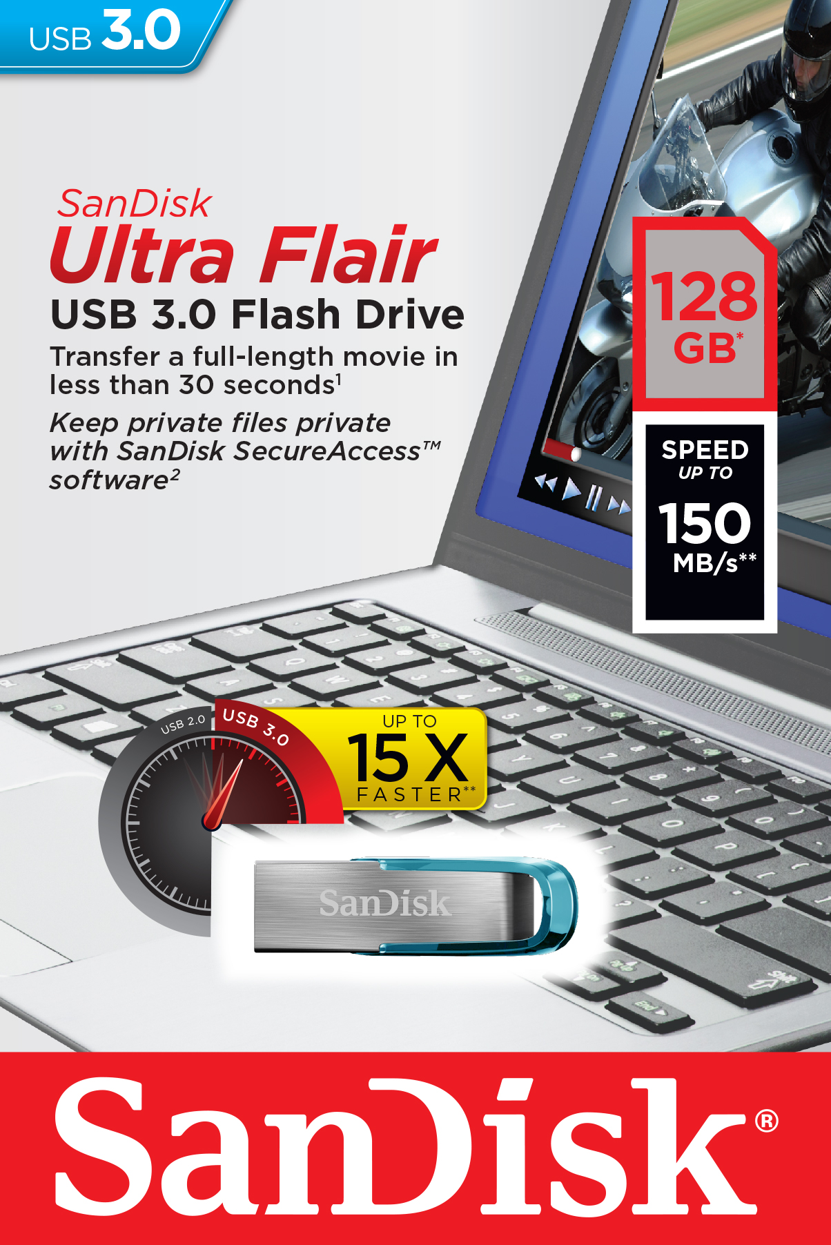 SanDisk Ultra Flair 128GB USB 3.0/USB-A/Modrá / SDCZ73-128G-G46B