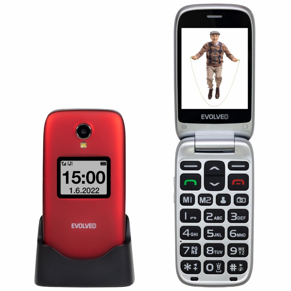 EVOLVEO EasyPhone FS, vyklápěcí mobilní telefon 2.8'' pro seniory s nabíjecím stojánkem (červená barv