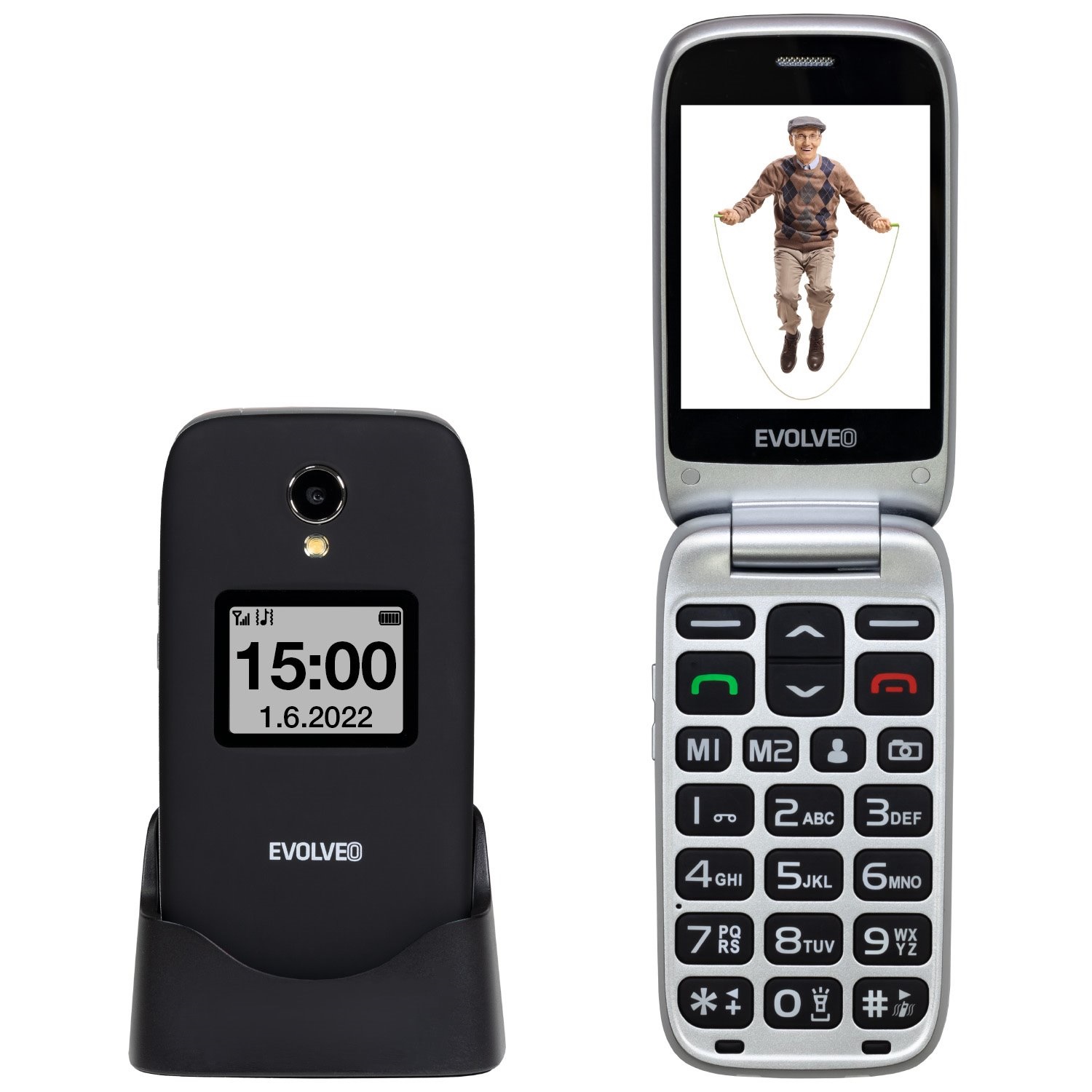 EVOLVEO EasyPhone FS, vyklápěcí telefon 2.8'' pro seniory s nabíjecím stojánkem (černá barva)