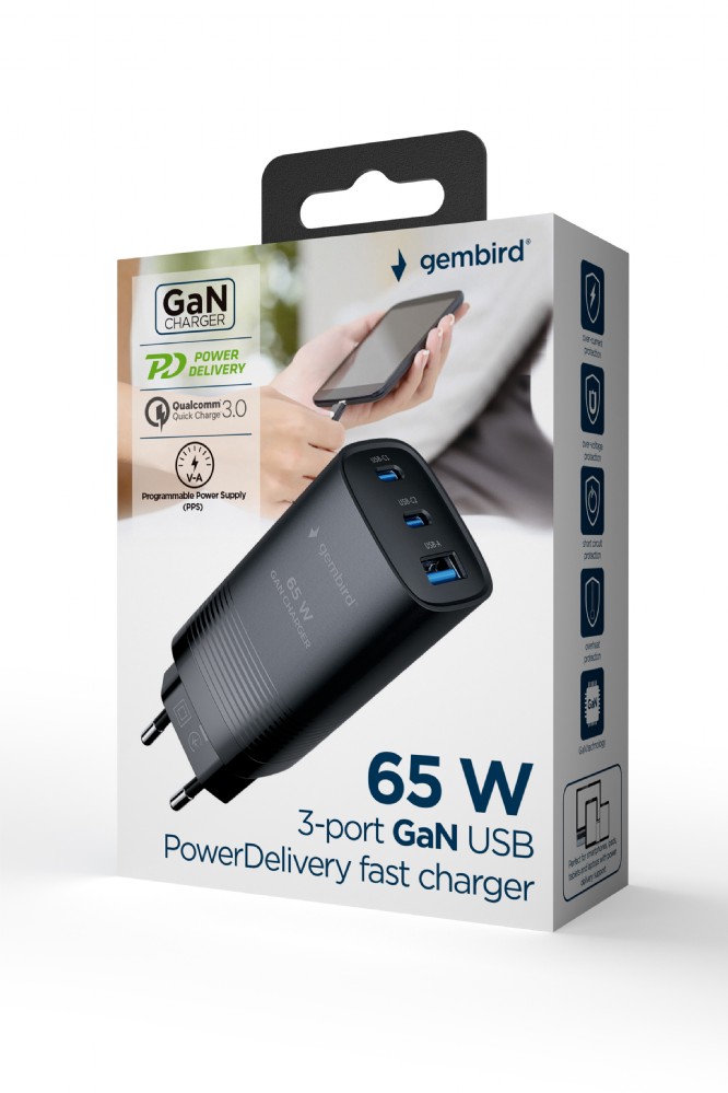 GEMBIRD, Nabíječka USB, 3x port, 65W, rychlé nabíjení, černá TA-UC-PDQC65-01-BK