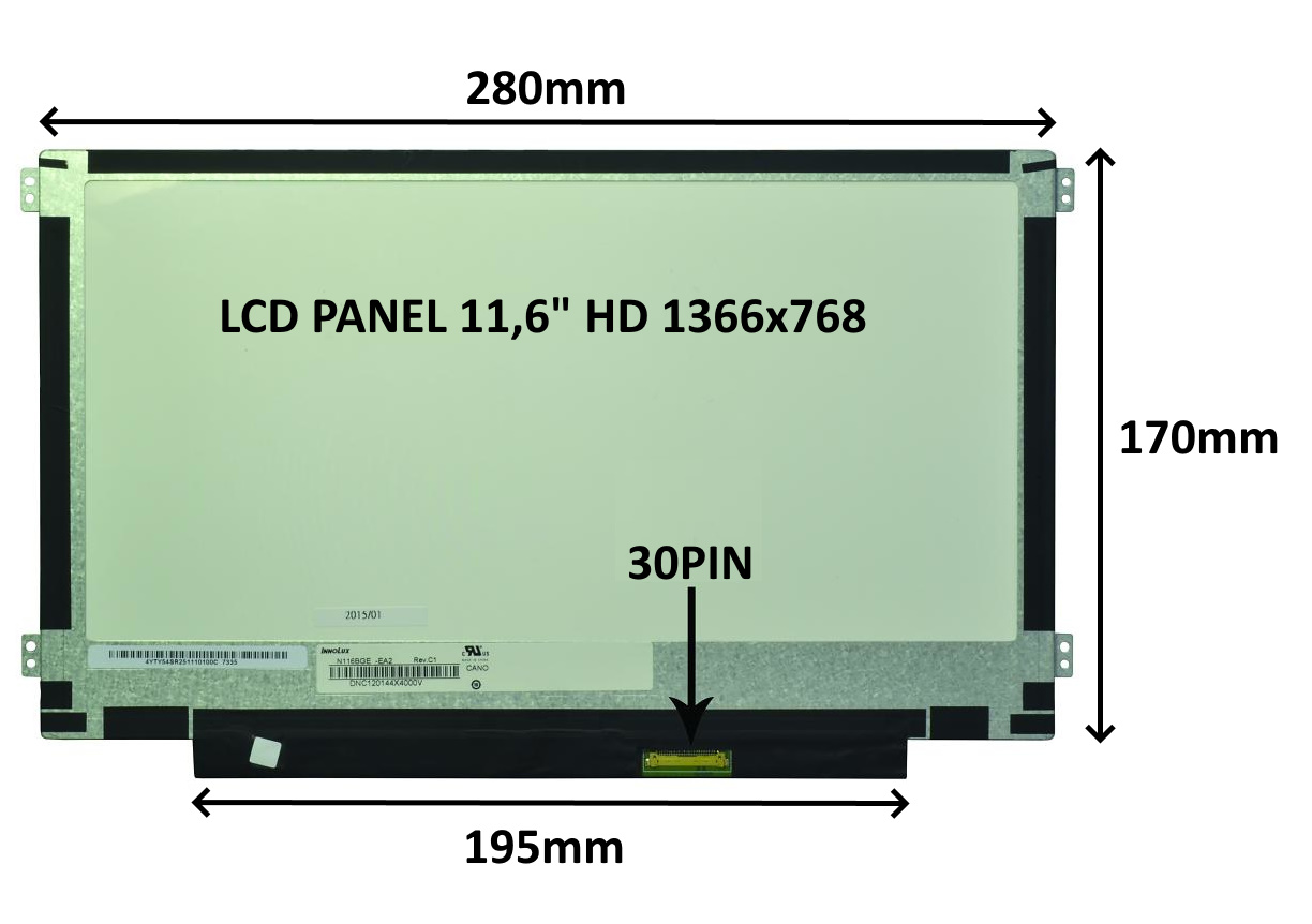 LCD PANEL 11,6'' HD 1366x768 30PIN MATNÝ / ÚCHYTY PO STRANÁCH