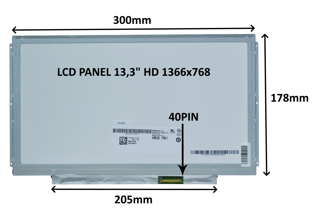 LCD PANEL 13,3'' HD 1366x768 40PIN MATNÝ / ÚCHYTY PO STRANÁCH