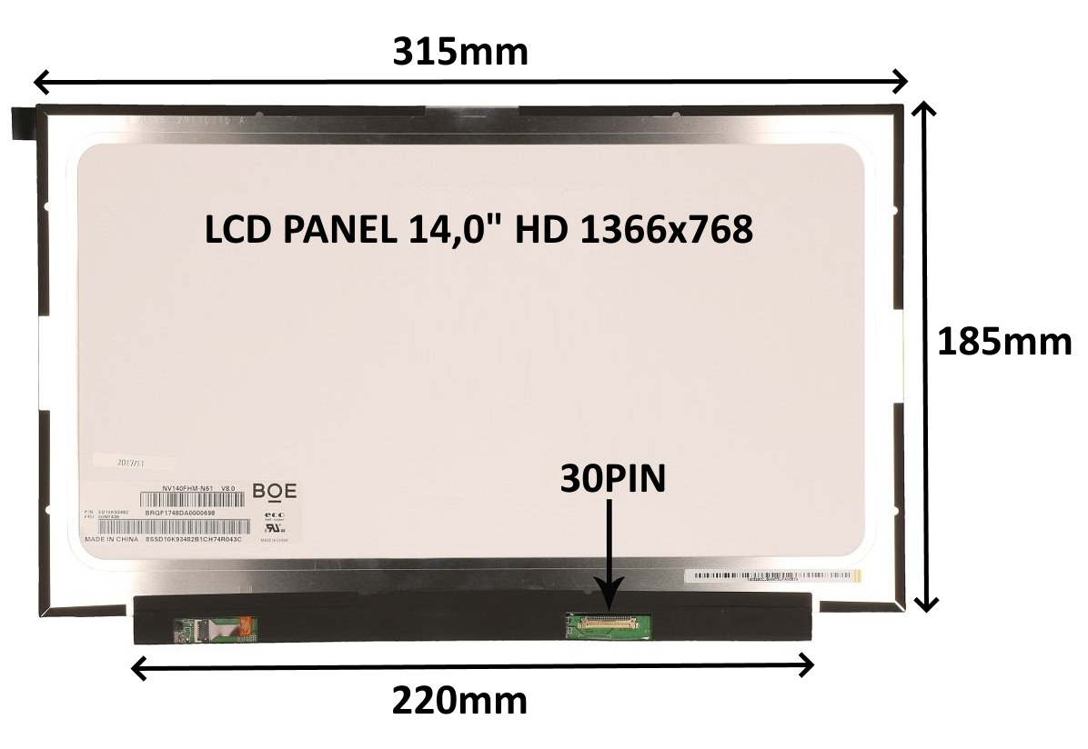 LCD PANEL 14,0'' HD 1366x768 30PIN MATNÝ / BEZ ÚCHYTŮ