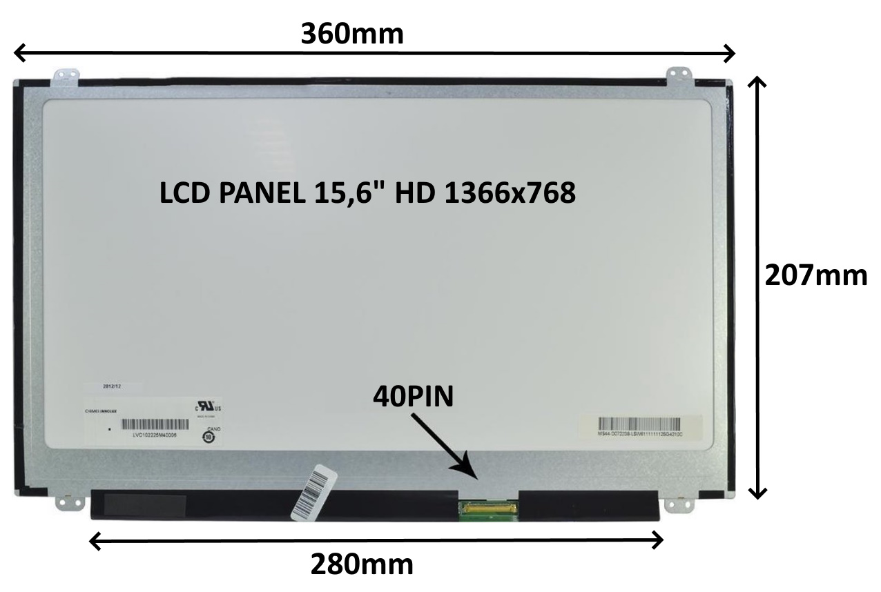 LCD PANEL 15,6'' HD 1366x768 40PIN LESKLÝ / ÚCHYTY NAHOŘE A DOLE