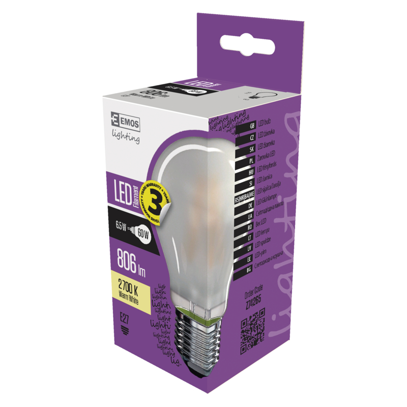 Obrázok EMOS LED žárovka Filament matná A60 A++ 6,5W E27 teplá bílá (1525283235)