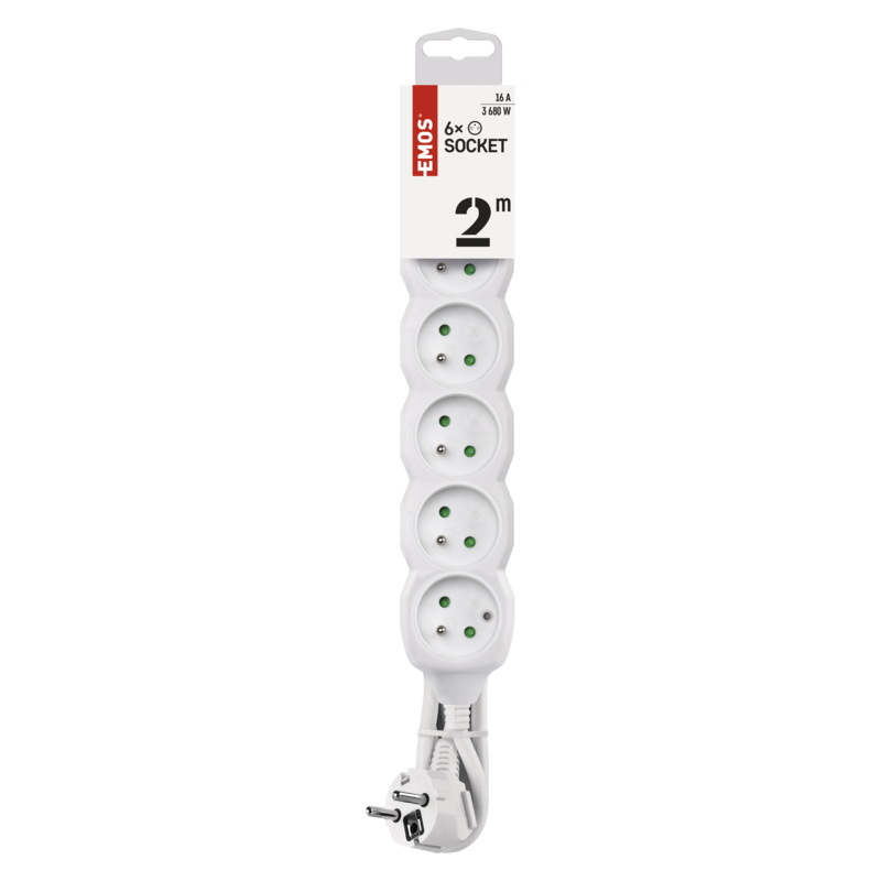 EMOS Predlžovací prívod 6Z/2m 3680W, PVC, biela / 1902060200