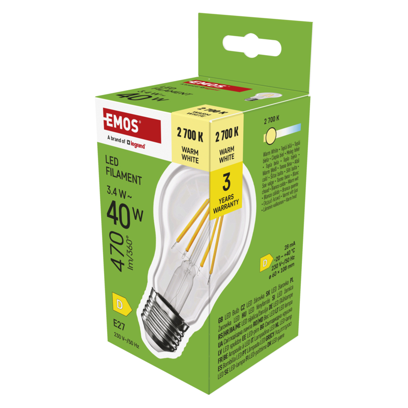 EMOS LED Filament A60 / E27 / 3,4 W (40 W) / 470 lm / Teplá biela / 1525743203