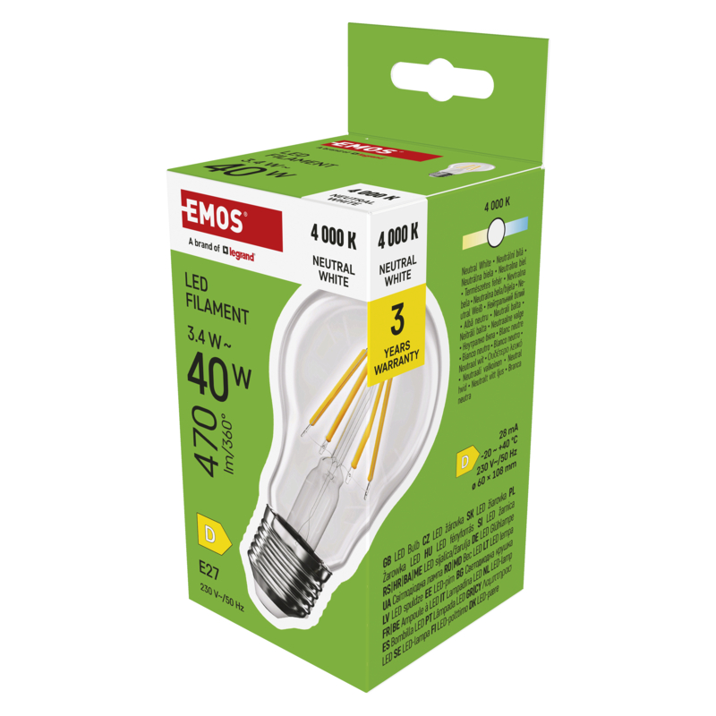 EMOS LED Filament A60 / E27 / 3,4 W (40 W) / 470 lm / Neutrálna biela / 1525733497