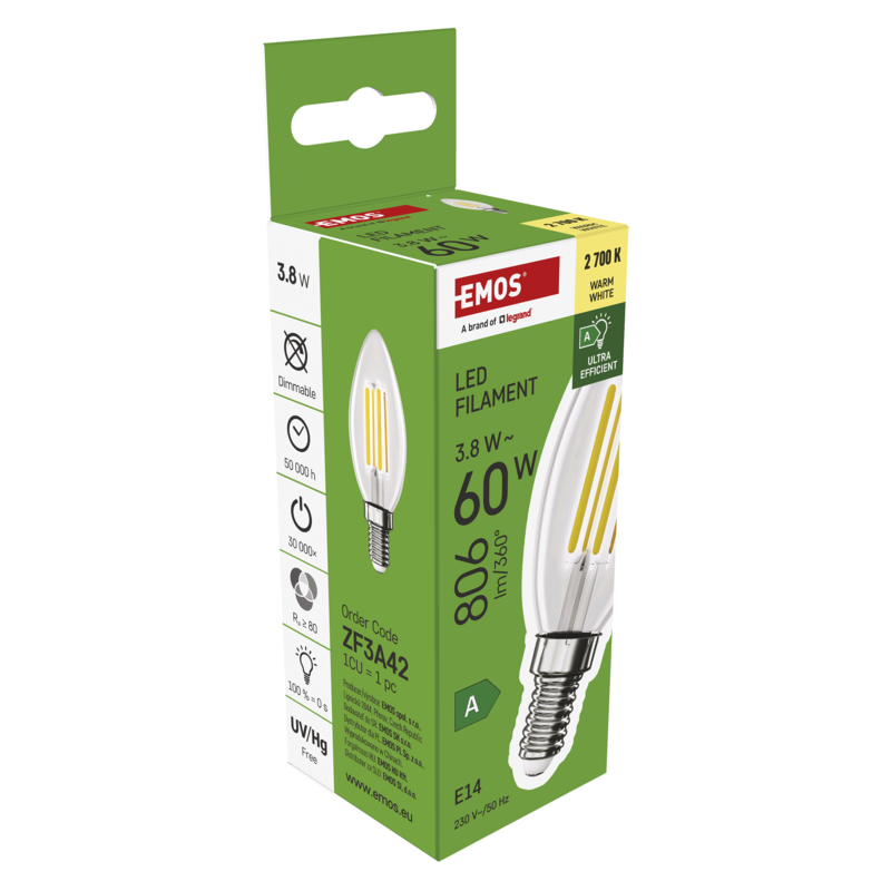 EMOS LED Filament sviečka A CLASS/ E14 / 3,8 W (60 W) / 806 lm / Teplá biela / 1525741258