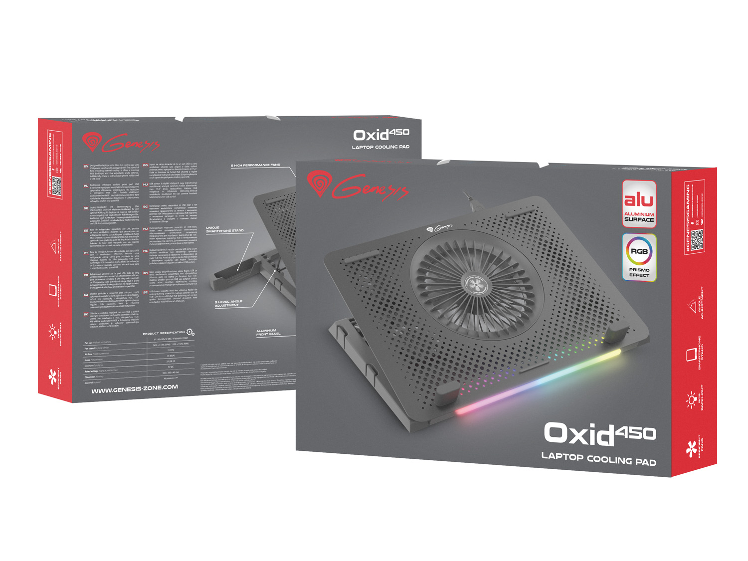 Chladící podložka pro NB Genesis Oxid 450 RGB do 15.6'', hliníkové tělo