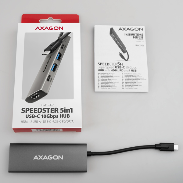 AXAGON hub USB-C / HMC-5G2 / USB 3.2 Gen2 / 2x USB-C / 2X USB-A / 1x HDMI / 60W PD / 0,1m