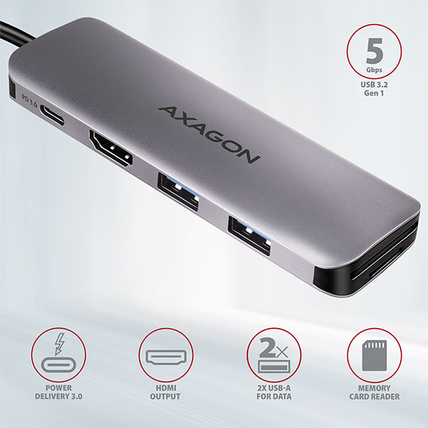 AXAGON HMC-5, USB 3.2 Gen 1 hub, porty 2x USB-A, HDMI, SD/microSD