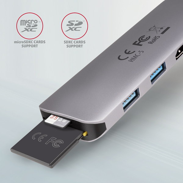 AXAGON HMC-5, USB 3.2 Gen 1 hub, porty 2x USB-A, HDMI, SD/microSD
