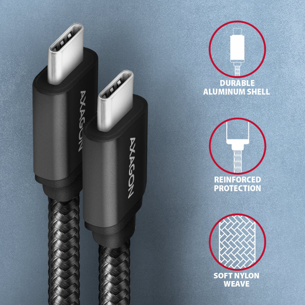 AXAGON SPEED USB-C na USB-C / USB 3.2 Gen1 / PD 60W 3A / ALU / oplet / 1m / BUCM3-CM10AB
