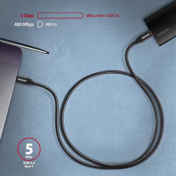 AXAGON SPEED USB-C na USB-C / USB 3.2 Gen1 / PD 60W 3A / ALU / oplet / 1m / BUCM3-CM10AB
