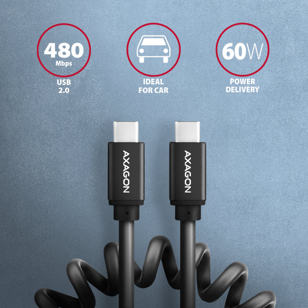 AXAGON BUCM-CM10TB, TWISTER kábel USB-C <-> USB-C, 0.6m, USB 2.0, PD 60W 3A, ALU, tpe, čierny