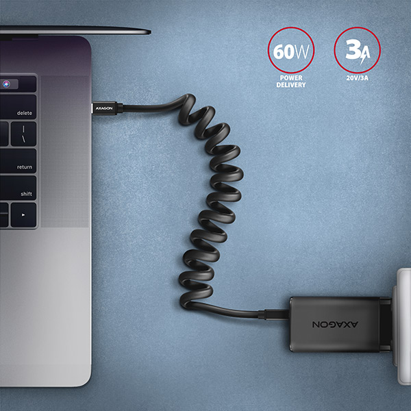 AXAGON BUCM-CM10TB, TWISTER kábel USB-C <-> USB-C, 0.6m, USB 2.0, PD 60W 3A, ALU, tpe, čierny