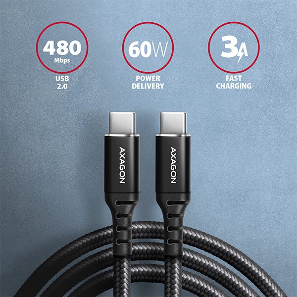 AXAGON datový a nabíjecí kabel USB-C na USB-C / USB2.0 / 3A / PD 60W / opletený / 3m / černý / BUCM-CM30AB