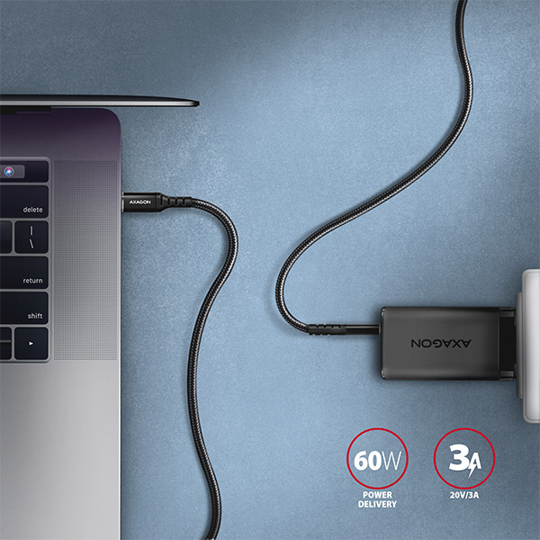 AXAGON datový a nabíjecí kabel USB-C na USB-C / USB2.0 / 3A / PD 60W / opletený / 3m / černý / BUCM-CM30AB