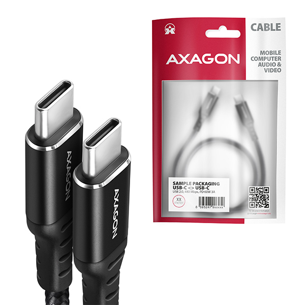 AXAGON datový a nabíjecí kabel USB-C na USB-C / USB2.0 / 3A / PD 60W / opletený / 3m / černý / BUCM-CM30AB