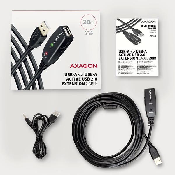 AXAGON ADR-220, USB 2.0 A-M -> A-F aktívny predlžovací / repeater kábel, 20m