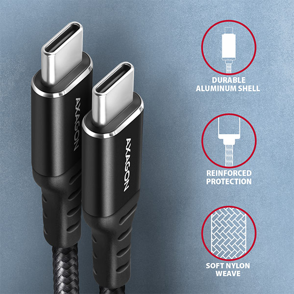 AXAGON BUCM-CM15AB, HQ kábel USB-C <-> USB-C, 1.5m, USB 2.0, PD 60W 3A, ALU, oplet, čierny