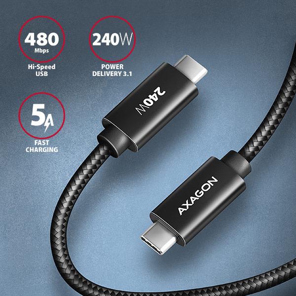 AXAGON BUCM2-CM25AB CHARGE USB-C na USB-C / USB2.0 / 5A / PD 3.1 240W / opletený / 2,5m / černý