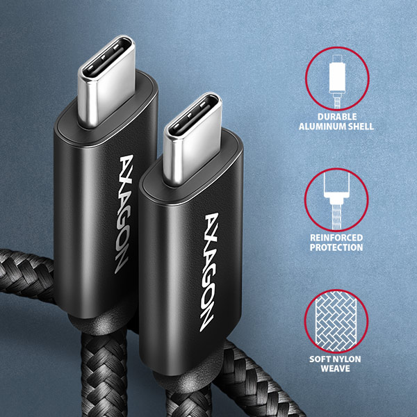 AXAGON BUCM2-CM25AB CHARGE USB-C na USB-C / USB2.0 / 5A / PD 3.1 240W / opletený / 2,5m / černý
