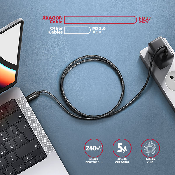 AXAGON BUCM2-CM25AB CHARGE USB-C na USB-C / USB2.0 / 5A / PD 3.1 240W / opletený / 2,5m / černý
