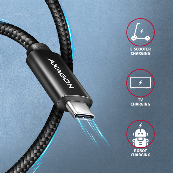 AXAGON BUCM2-CM25AB CHARGE USB-C na USB-C / USB2.0 / 5A / PD 3.1 240W / opletený / 2,5m / černý