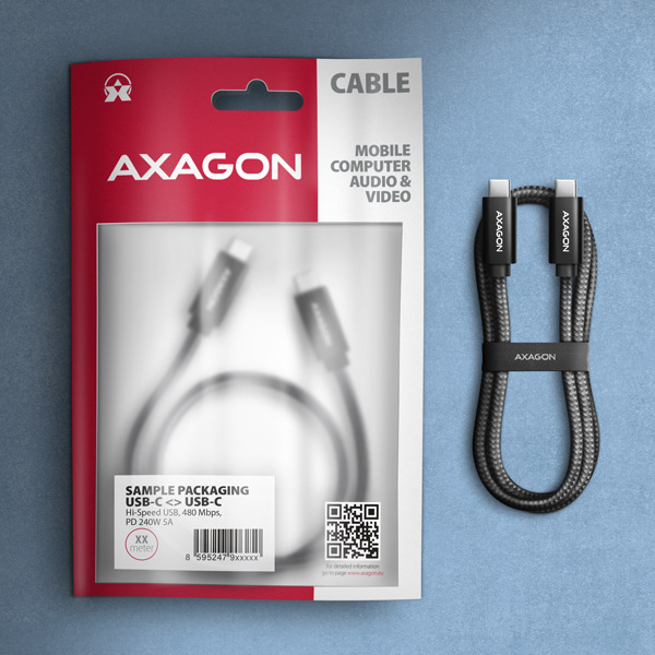 AXAGON BUCM2-CM25AB CHARGE USB-C na USB-C / USB2.0 / 5A / PD 3.1 240W / opletený / 2,5m / černý