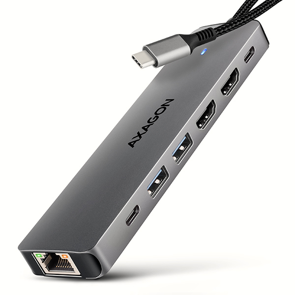 AXAGON HMC-7HX2, USB 5Gbps hub, 2x USB-A, USB-C, 2x HDMI 4k/60Hz, RJ-45 GLAN, PD 100W, kabel 15cm