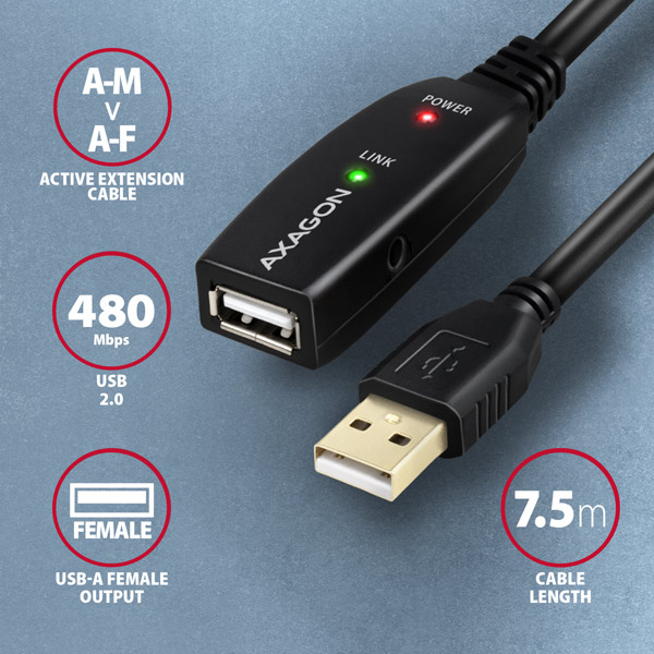 AXAGON ADR-207, USB 2.0 A-M -> A-F aktívny predlžovací / repeater kábel, 7.5m