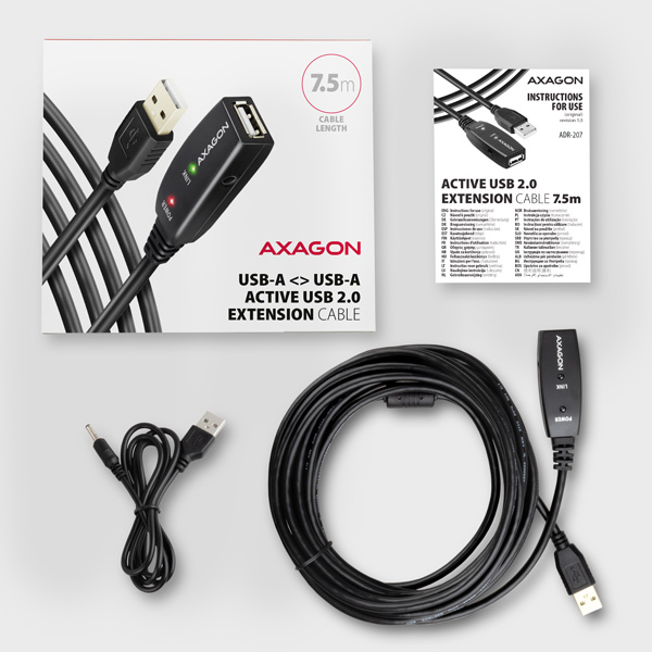 AXAGON ADR-207, USB 2.0 A-M -> A-F aktívny predlžovací / repeater kábel, 7.5m