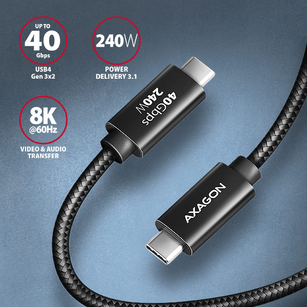 AXAGON BUCM4X-CM05AB NewGEN+ kábel USB-C <-> USB-C, 0.5m, USB4 Gen 3×2, PD 240W 5A, 8K HD, ALU, oplet