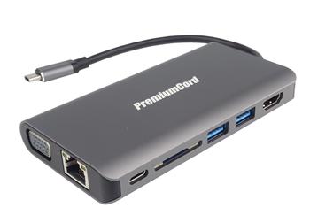 PremiumCord Převodník USB3.1 typ C na HDMI+VGA+RJ45+2xUSB3.0+SD card +3,5mm+PD charge