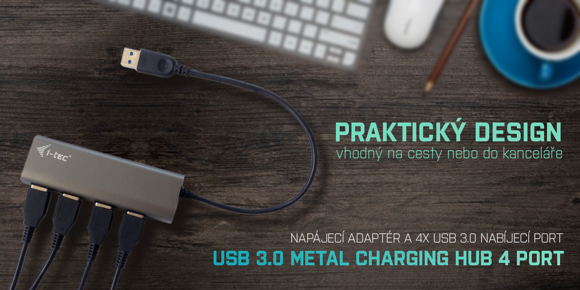 i-tec USB HUB METAL/ 4 porty/ USB 3.0/ napájecí adaptér/ U3HUB448