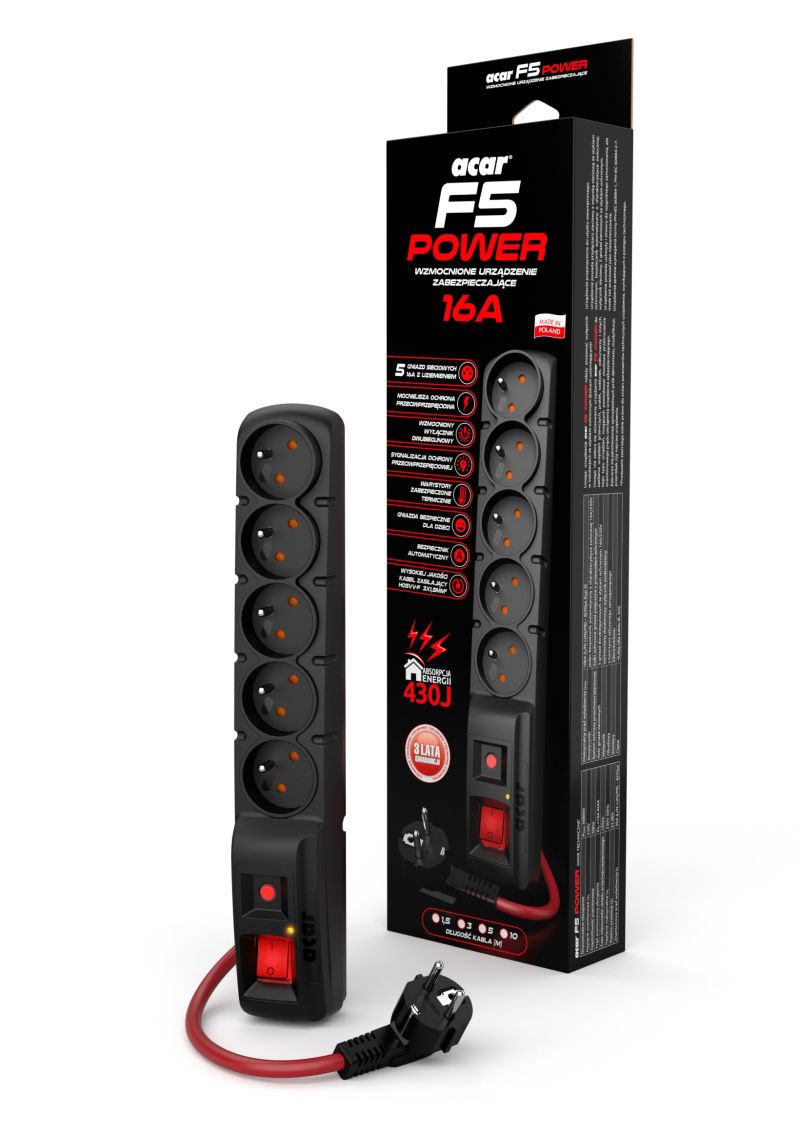 Acar F5 5m kábel, 5 zásuviek, prepäťová ochrana, max.prúd 16A, čierny / ppacarf5-5power