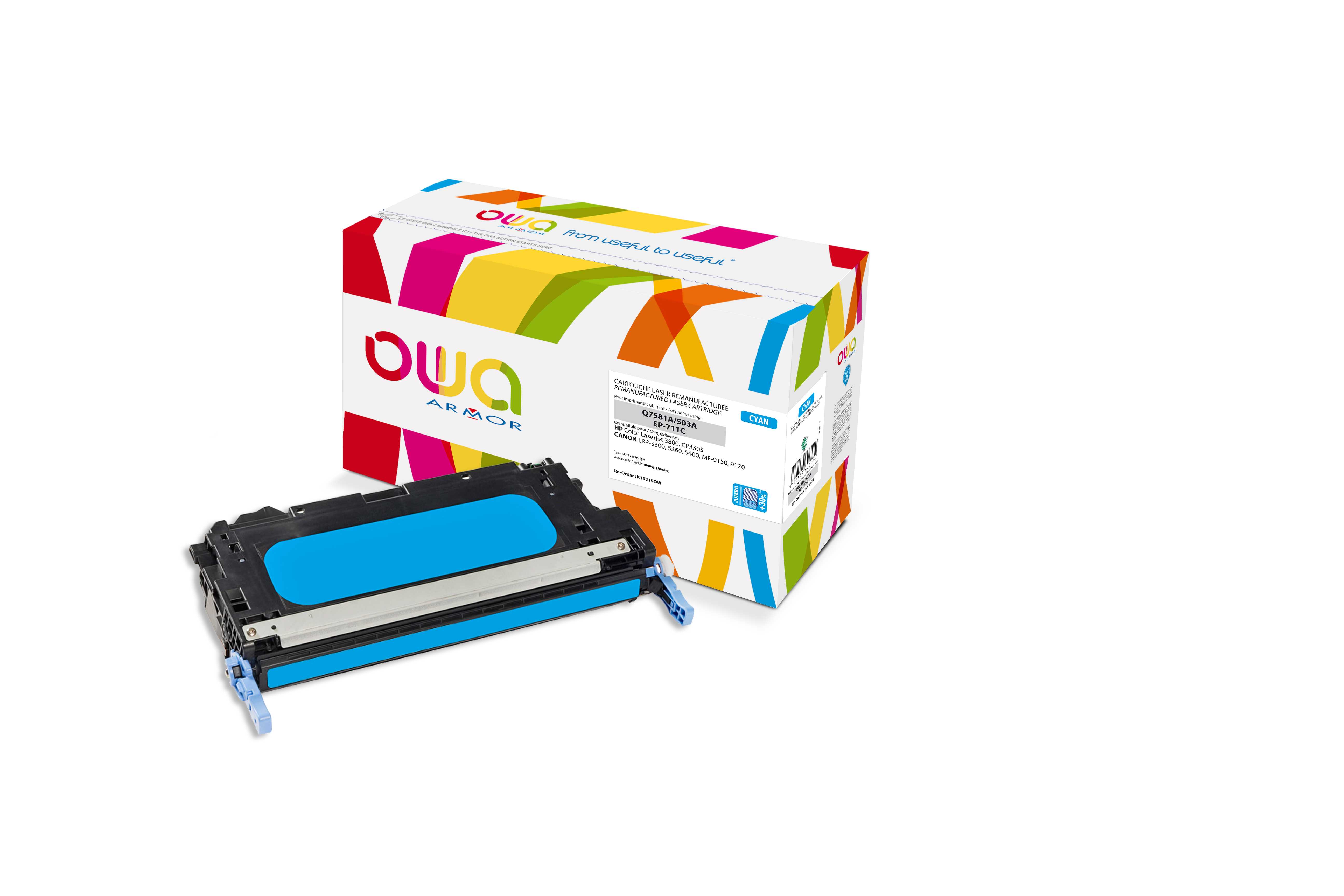 OWA Armor toner kompatibilní s HP Q7581A JUMBO, 8000st, modrá/cyan
