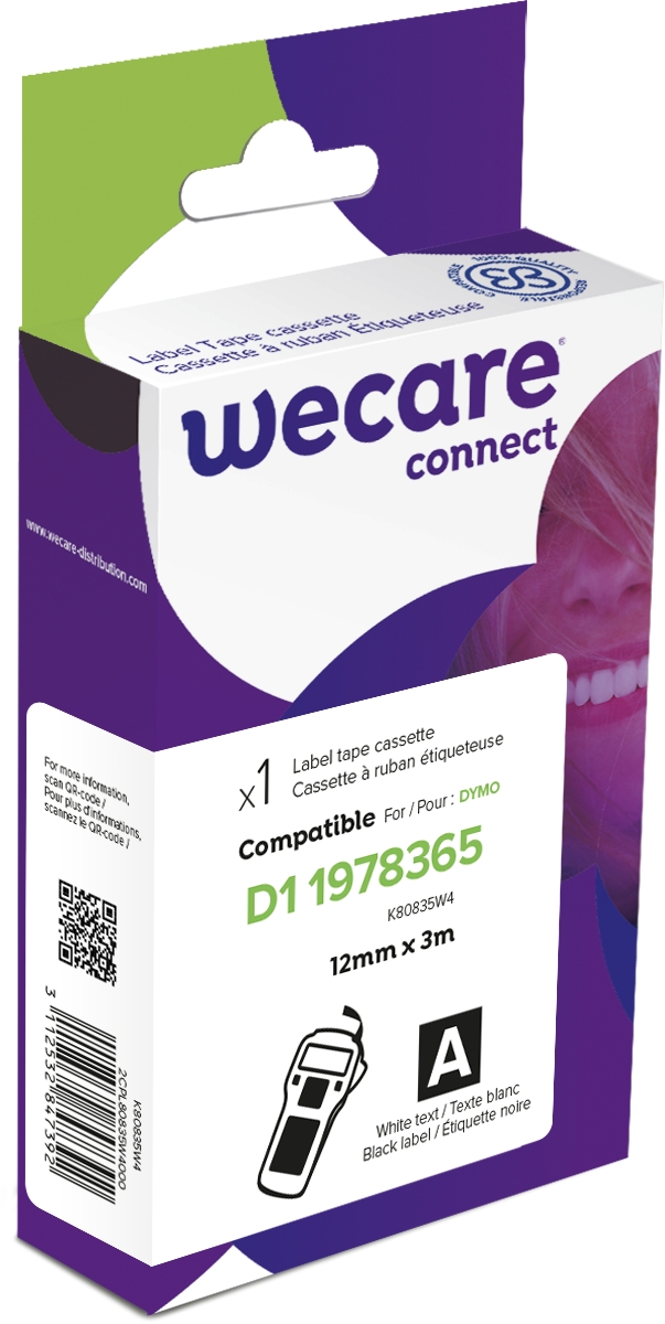 WECARE ARMOR páska (vinyl) kompatibilní s DYMO 1978365,White/Black,12MM*3M