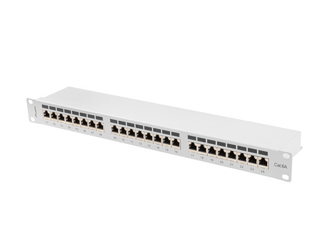 LANBERG PATCH PANEL 24 PORTŮ 1U 19'' CAT.6A FTP STÍNĚNÝ ŠEDÝ